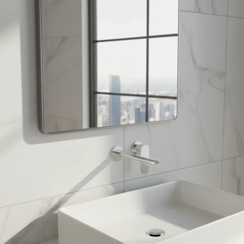 Ava Purity 2 Hole Wall Mounted Basin Mixer W/ Flanges 3.0 - Polished Stainless Steel detail view - Image 3