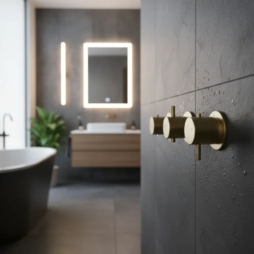 Ava Trend 3 Way 3 Handle Thermostatic Valve W/ Flanges 3.0 - Brushed Brass detail view - Image 4