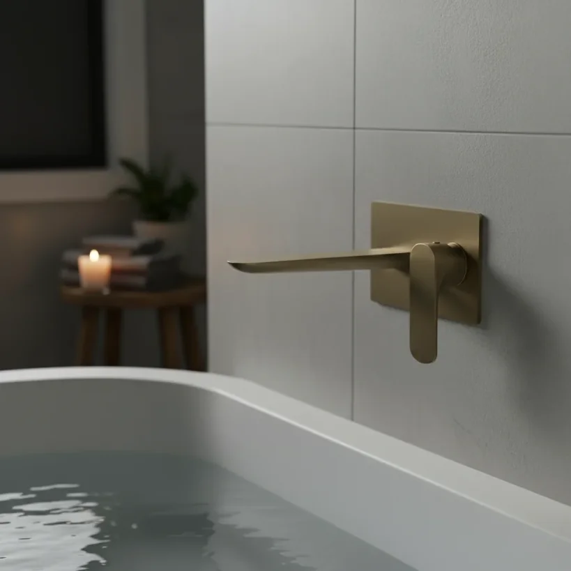 Ava Purity 2 Hole Wall Mounted Bath Mixer W/ Backplate 3.0 - Brushed Brass detail view - Image 3