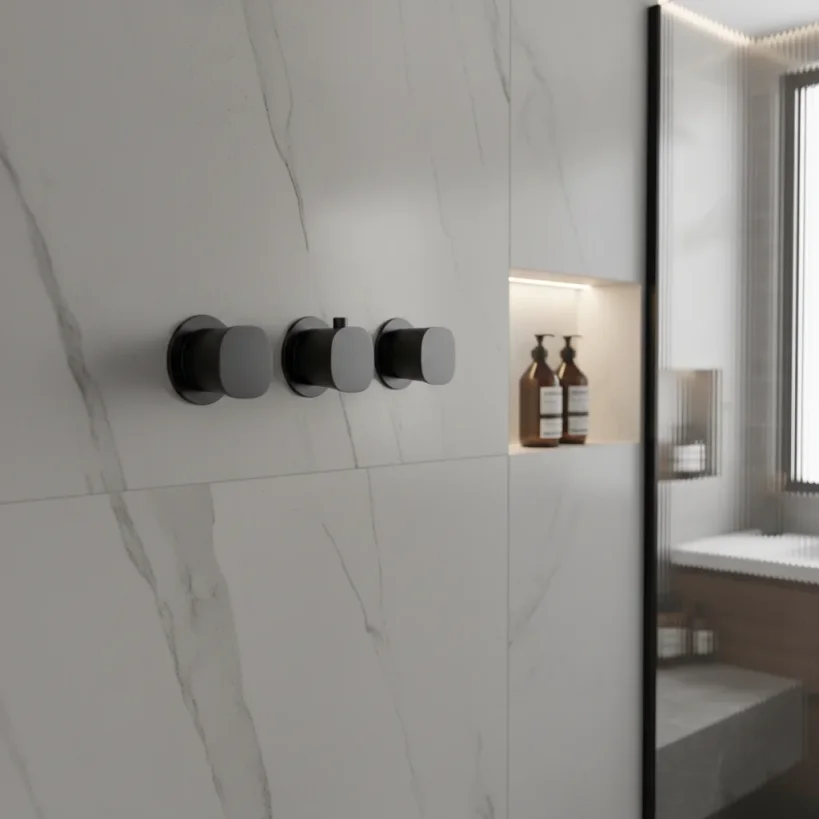 Ava Purity 3 Way 3 Handle Thermostatic Valve W/ Flanges 3.0 - Brushed Black detail view - Image 3