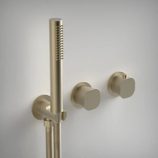 Ava Purity 2 Way 2 Handle Thermostatic Valve With Built In Hand Shower W/3 Hole Flanges 3.0 - Brushed Brass