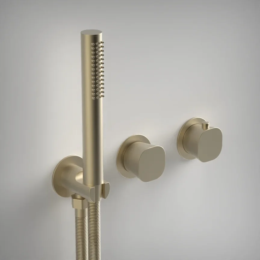 Ava Purity 2 Way 2 Handle Thermostatic Valve With Built In Hand Shower W/3 Hole Flanges 3.0 - Brushed Brass product image - Image 1