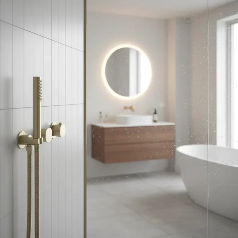 Ava Purity 2 Way 2 Handle Thermostatic Valve With Built In Hand Shower W/3 Hole Flanges 3.0 - Brushed Brass detail view - Image 2
