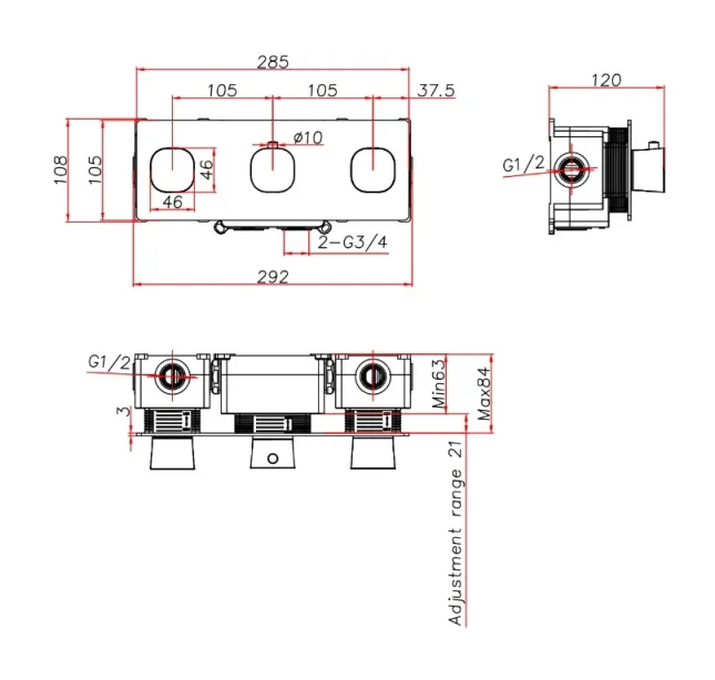 Ava Purity 4 Way 3 Handle Thermostat Valve W/backplate 3.0 - Brushed Stainless Steel technical drawing - Image 2