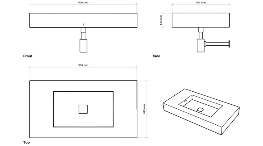 Faeber Silkstone Box 900mm Single Central Matt Basin technical drawing - Image 2