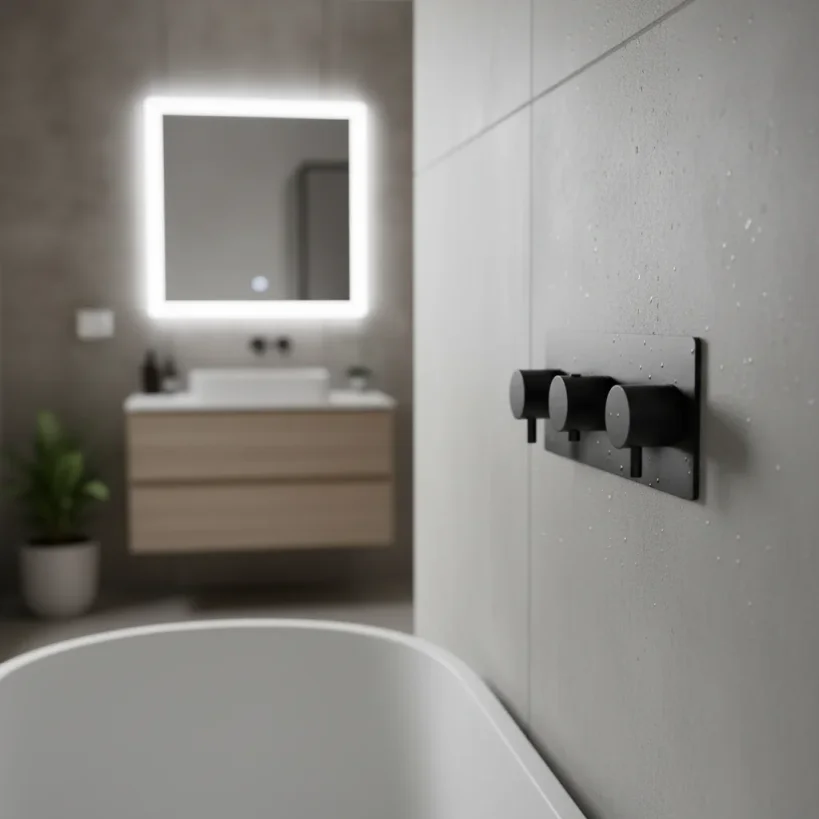 Ava Trend 3 Way 3 Handle Thermostatic Valve W/ Backplate 3.0 - Brushed Black detail view - Image 4