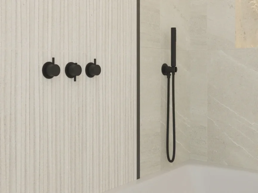 Ava Trend 3 Way 3 Handle Thermostatic Valve W/ Flanges 3.0 - Brushed Black detail view - Image 3