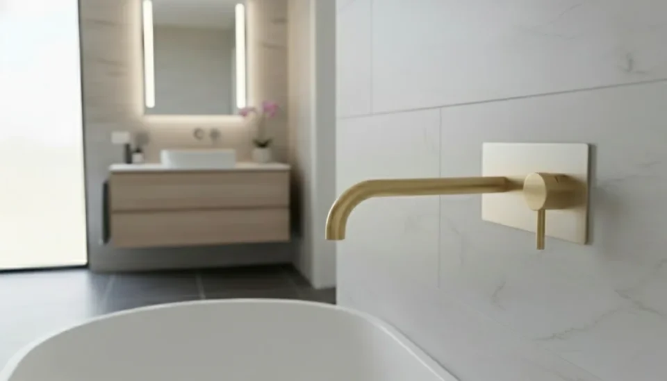 Ava Trend 2 Hole Wall Mounted Bath Mixer W/ Backplate 3.0 - Brushed Brass detail view - Image 3