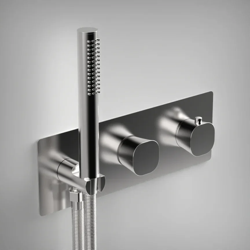 Ava Purity 2 Way 2 Handle Thermostatic Valve With Built In Hand Shower W/3 Hole Backplate 3.0 - Polished Stainless Steel product image - Image 1