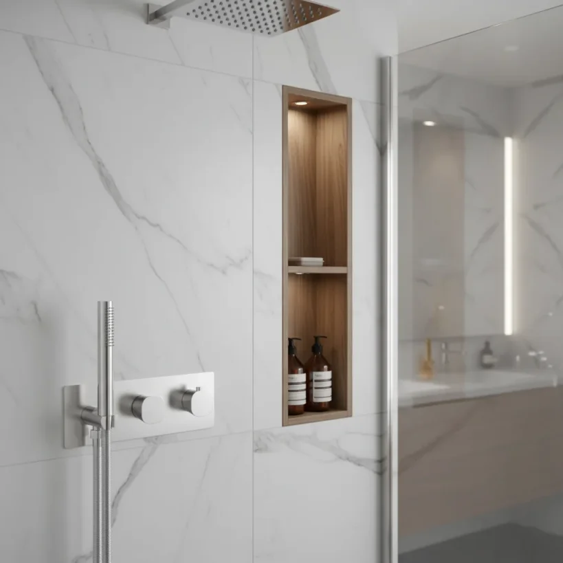 Ava Purity 2 Way 2 Handle Thermostatic Valve With Built In Hand Shower W/3 Hole Backplate 3.0 - Polished Stainless Steel detail view - Image 3