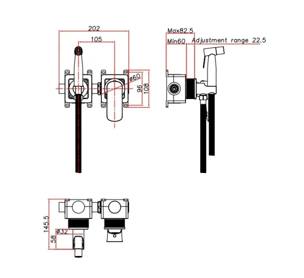 Ava Purity Douche Kit W/ Flanges 3.0 - Brushed Brass technical drawing - Image 2