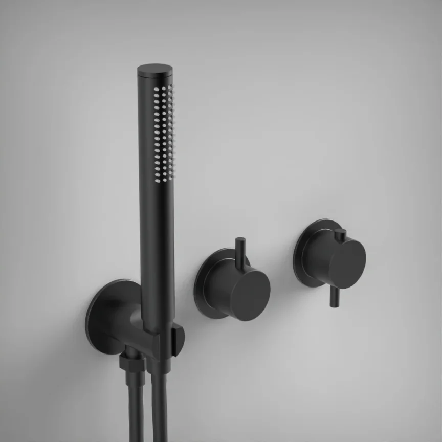 Ava Trend 2 Way 2 Handle Thermostatic Valve With Built In Hand Shower W/3 Hole Flanges 3.0 - Brushed Black product image - Image 1