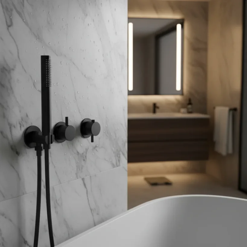 Ava Trend 2 Way 2 Handle Thermostatic Valve With Built In Hand Shower W/3 Hole Flanges 3.0 - Brushed Black detail view - Image 4