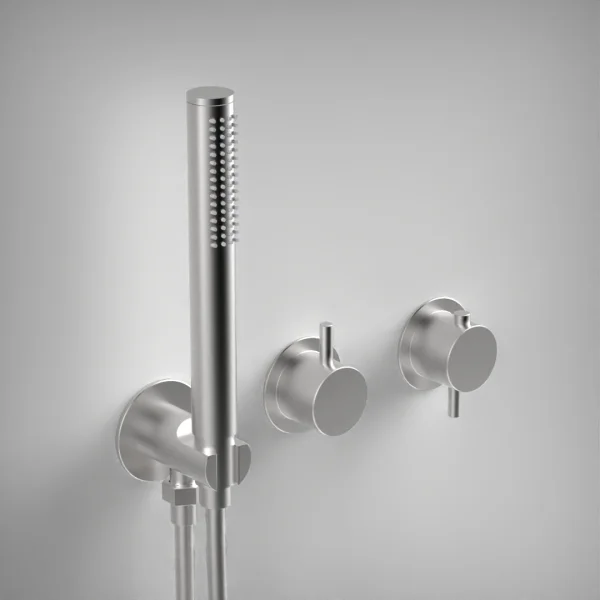 Ava Trend 2 Way 2 Handle Thermostatic Valve With Built In Hand Shower W/3 Hole Flanges 3.0 - Brushed Stainless Steel