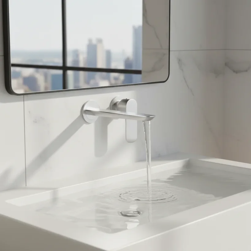 Ava Purity 2 Hole Wall Mounted Basin Mixer W/ Flanges 3.0 - Brushed Stainless Steel detail view - Image 3