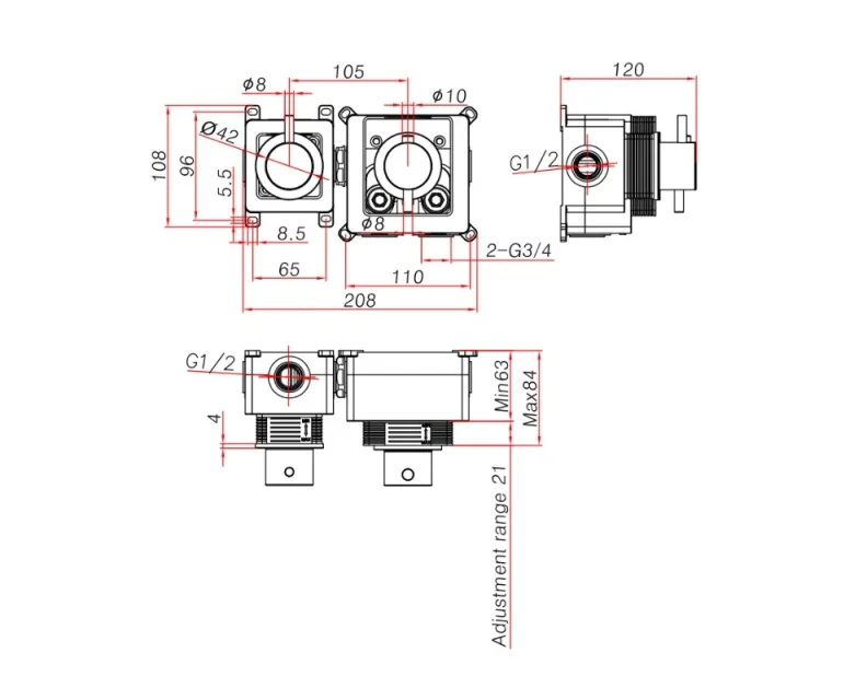 Ava Trend 2 Way 2 Handle Thermostatic Valve W/flanges 3.0 - Brushed Brass technical drawing - Image 2