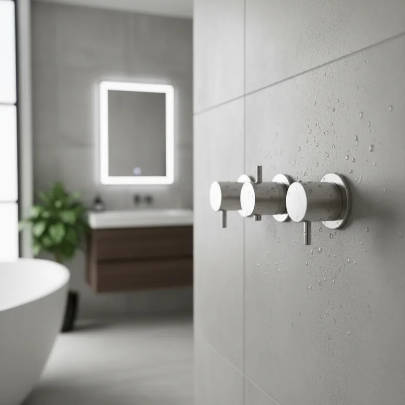 Ava Trend 3 Way 3 Handle Thermostatic Valve W/ Flanges 3.0 - Brushed Stainless Steel detail view - Image 4