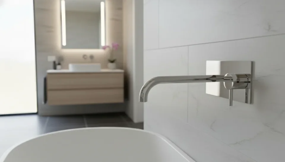 Ava Trend 2 Hole Wall Mounted Bath Mixer W/ Backplate 3.0 - Brushed Stainless Steel detail view - Image 3