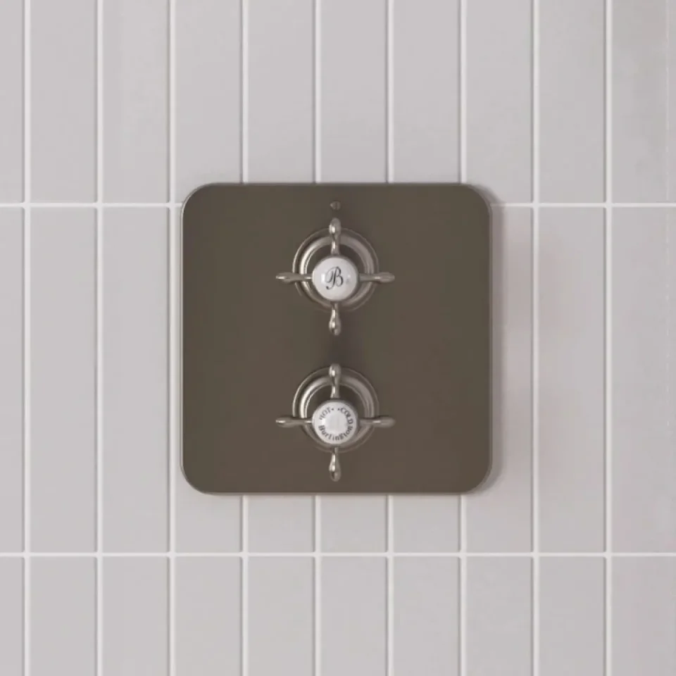 Burlington Guild Square Thermostatic Two Outlet Concealed Divertor Shower Valve Fixed Shower Arm & Head, Rail, Hose, Handset And Outlet Elbow Brushed Nickel detail view - Image 6