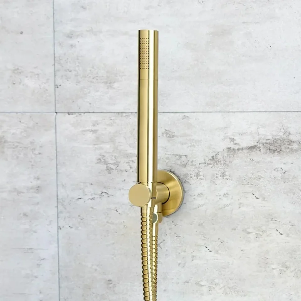 Just Taps Vos Round Water Outlet With Holder Metal Hose And Slim Hand Shower Brushed Brass detail view - Image 6