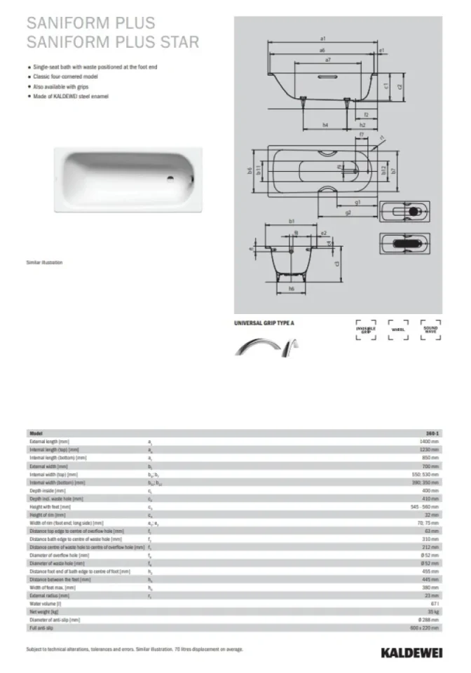 Kaldewei Saniform Plus 366 Nth 1400x750 Bath (excl. Feet) - Image 2