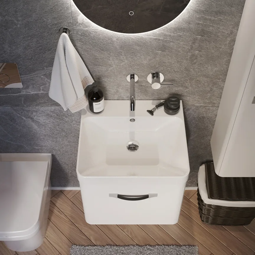 Saneux Hyde 50cm 1 Drawer Wall Mounted Unit - Matte White detail view - Image 1