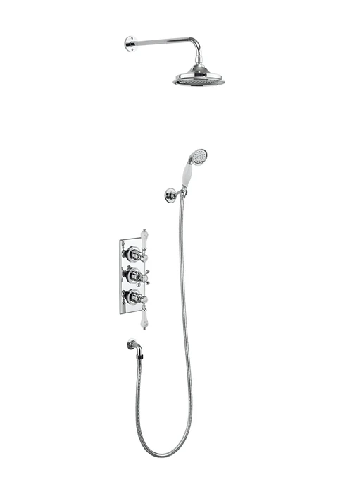 Burlington Trent Thermostatic Dual Outlet Concealed Shower Valve , Fixed Shower Arm, Handset & Holder with Hose with Rose   with White accent and 6" Rose