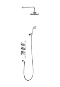 Burlington Trent Thermostatic Dual Outlet Concealed Shower Valve , Fixed Shower Arm, Handset & Holder with Hose with Rose   with White accent and 6" Rose