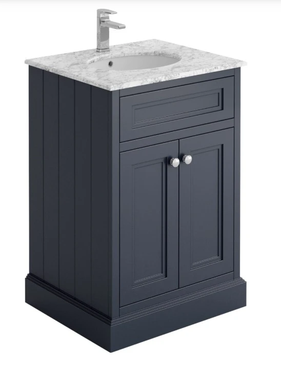 Cubico Cromwell 600mm Square Vanity Unit In Matt Midnight Grey Inc Marble Worktop And Ceramic Basin Inc. Bo