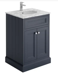 Cubico Cromwell 600mm Square Vanity Unit In Matt Midnight Grey Inc Marble Worktop And Ceramic Basin Inc. Bo