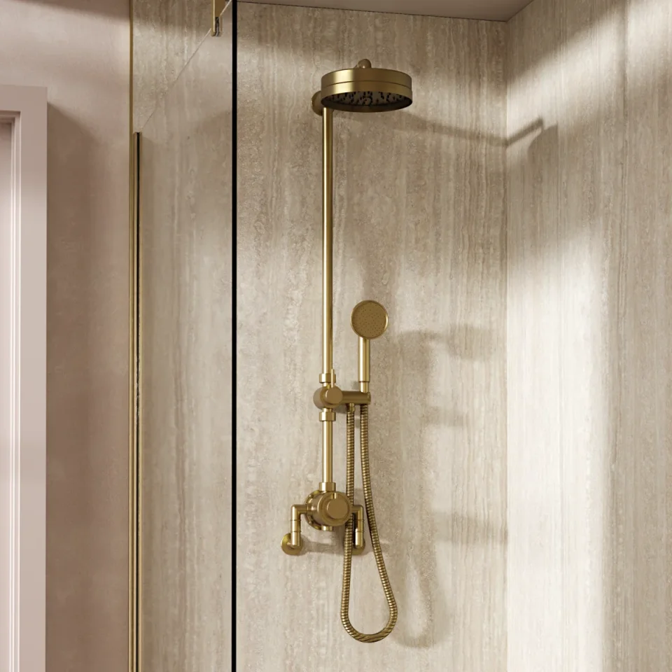 Crosswater MPRO Industrial Exposed Multi-function Shower With Handset Slider Unlacquered Brushed Brass detail view - Image 2