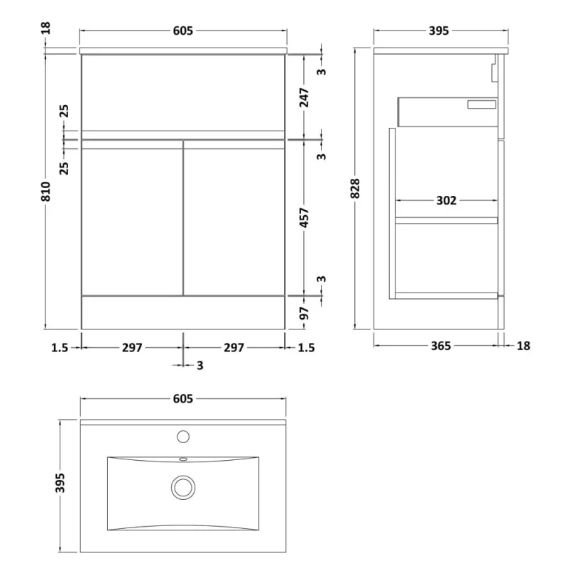 Hudson Reed 600 F/s 2-door/drawer Unit & Basin 2 Satin Blue technical drawing - Image 2