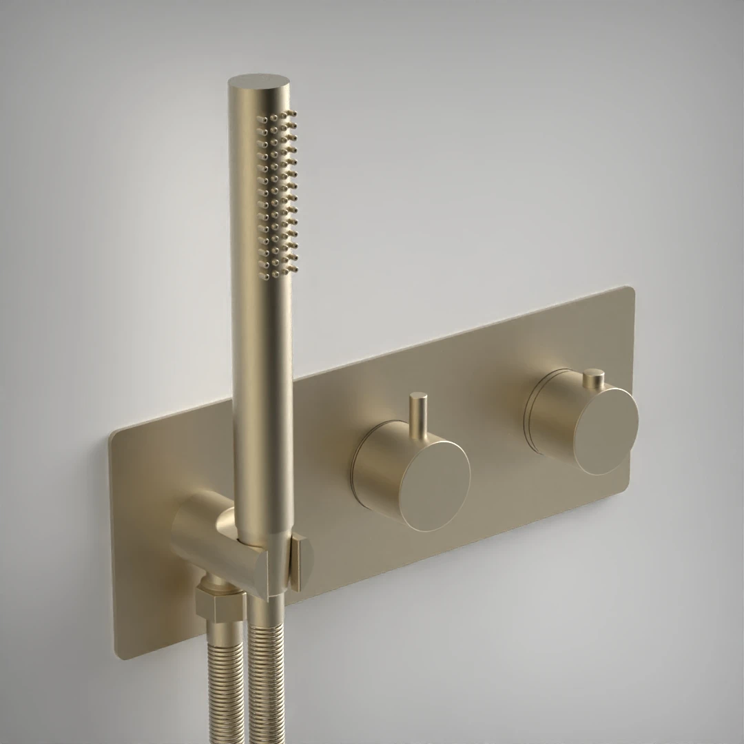 Ava Trend 2 Way 2 Handle Thermostatic Valve With Built In Hand Shower W/3 Hole Backplate 3.0 - Brushed Brass