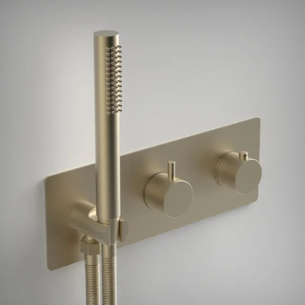 Ava Trend 2 Way 2 Handle Thermostatic Valve With Built In Hand Shower W/3 Hole Backplate 3.0 - Brushed Brass