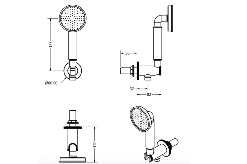 Crosswater MPRO Industrial Wall Outlet & Handset Brushed Brass Unlaquered technical drawing - Image 3