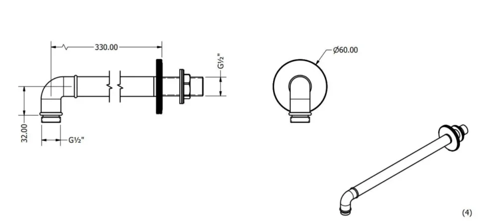 Crosswater MPRO Industrial Shower Arm Brushed Brass Unlaquered technical drawing - Image 4
