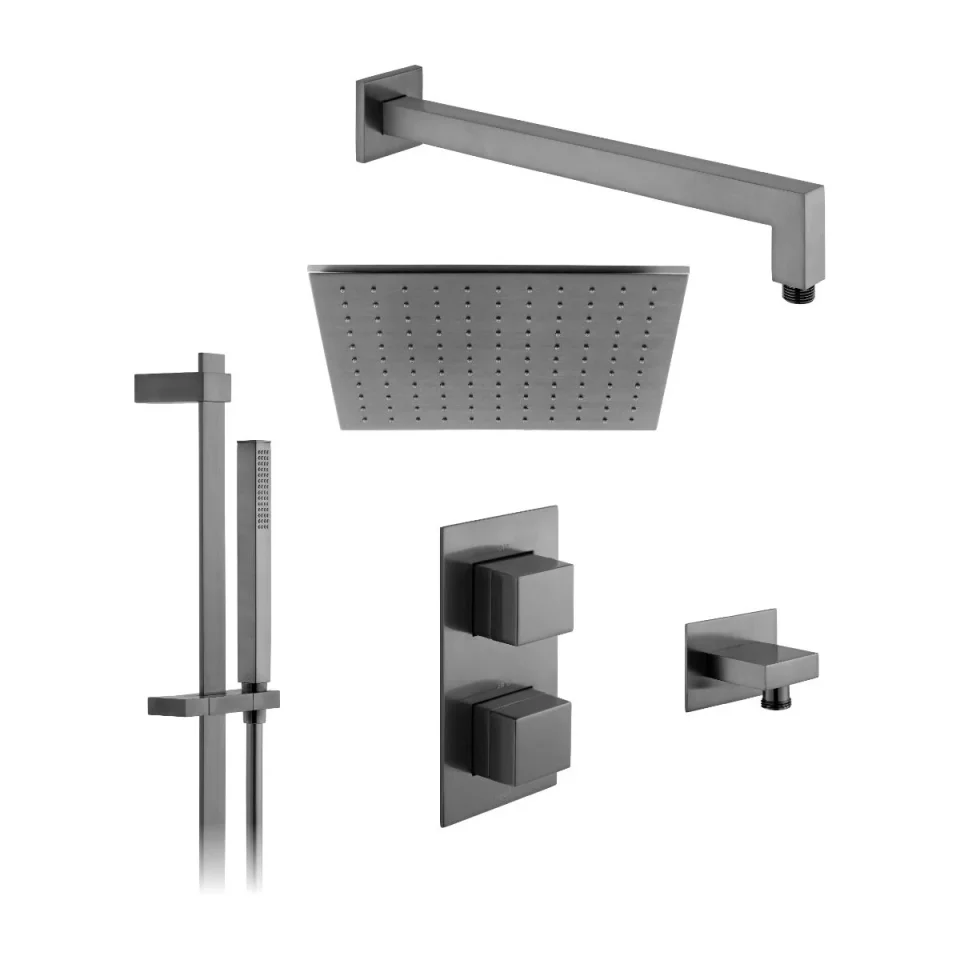 2 outlet concealed thermostatic showering package with single function slide rail kit, finished in brushed gunmetal. product image - Image 1