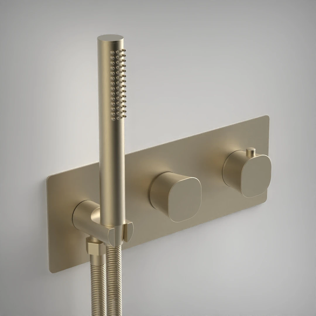 Ava Purity 2 Way 2 Handle Thermostatic Valve With Built In Hand Shower W/3 Hole Backplate 3.0 - Brushed Brass