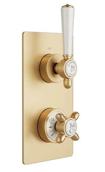 Booth & Co. 1 Outlet, 2 Handle Concealed Thermostatic Valve Brushed Brass & Crackled White