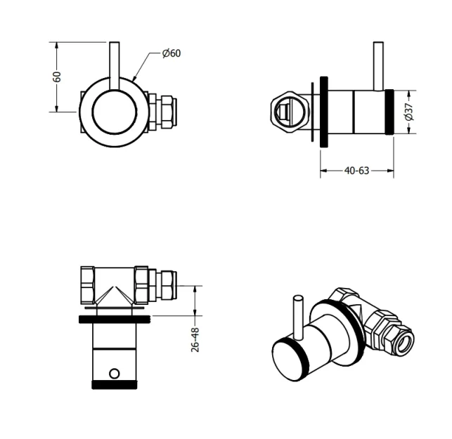 Crosswater MPRO Industrial Wall Stop Taps Brushed Brass Unlaquered technical drawing - Image 3