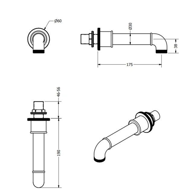 Crosswater MPRO Industrial Wall Stop Taps Brushed Brass Unlaquered technical drawing - Image 4