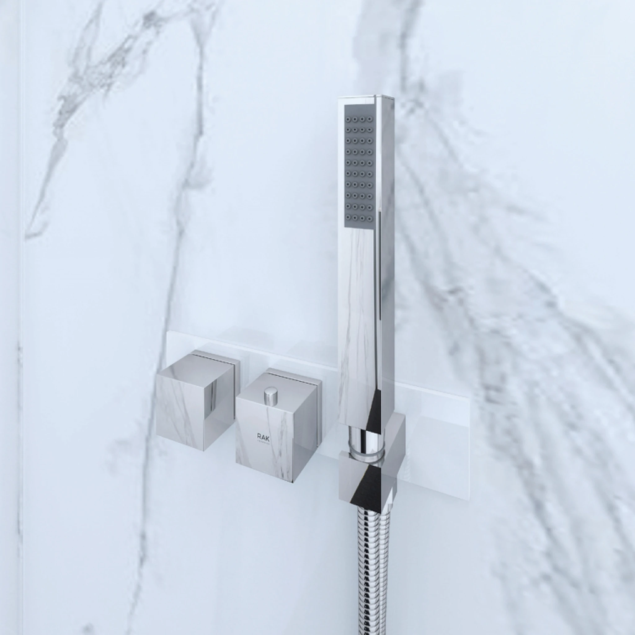 Rak Feeling Square Horizontal Dual Outlet Thermostatic Concealed Shower Valve With Integral Wall Outlet In White