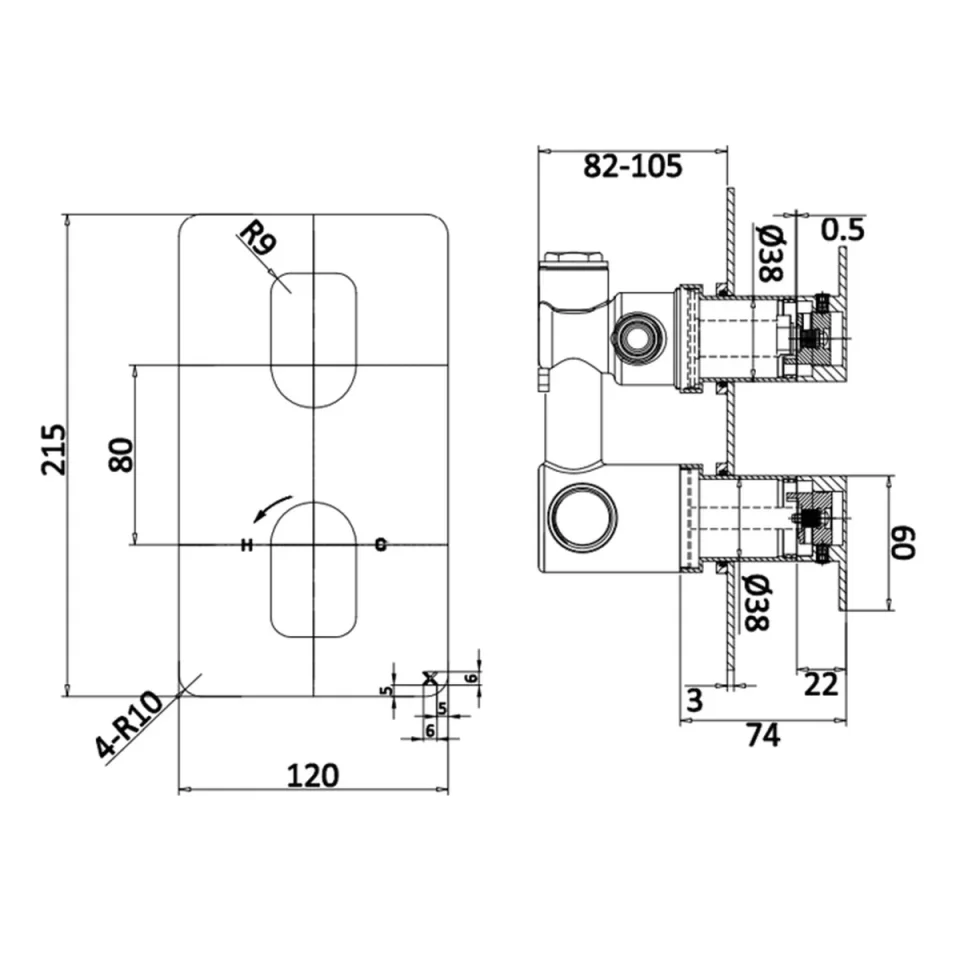 Crosswater Fuse 2 Outlet 2 Handle Valve & Trimset Chrome detail view - Image 2