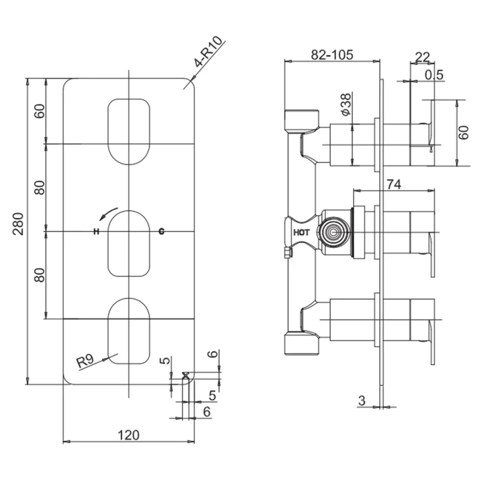 Crosswater Fuse 2 Outlet 3 Handle Portrait Valve & Trimset Chrome detail view - Image 2