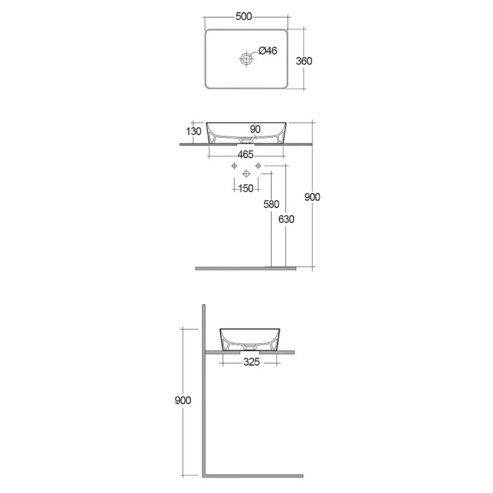 Rak Feeling 50cm Rectangular Counter Top Wash detail view - Image 2