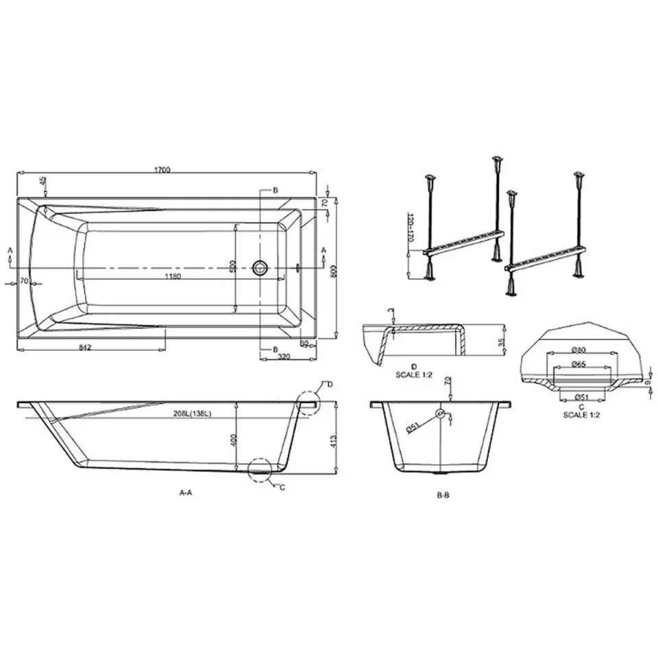Crosswater Kai S Single Ended Arcylic Bath 1700 x 800mm detail view - Image 3