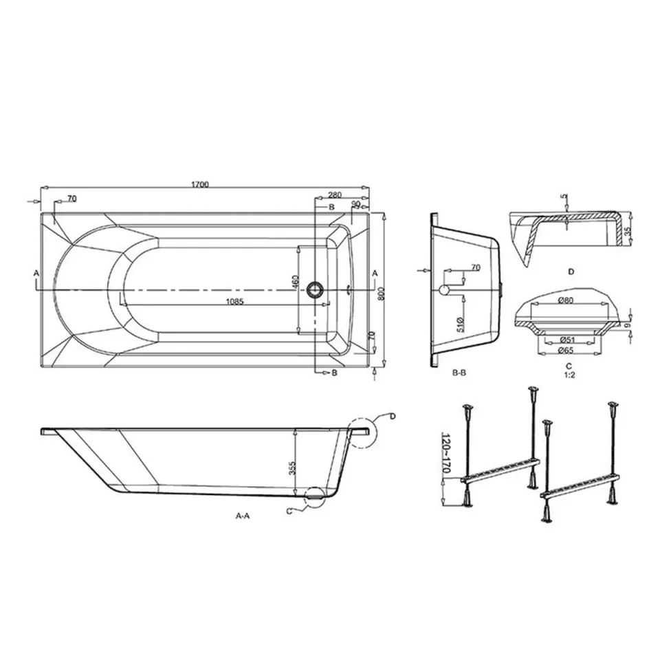 Crosswater Flow Single Ended Arcylic Bath 1800 X 700mm detail view - Image 3