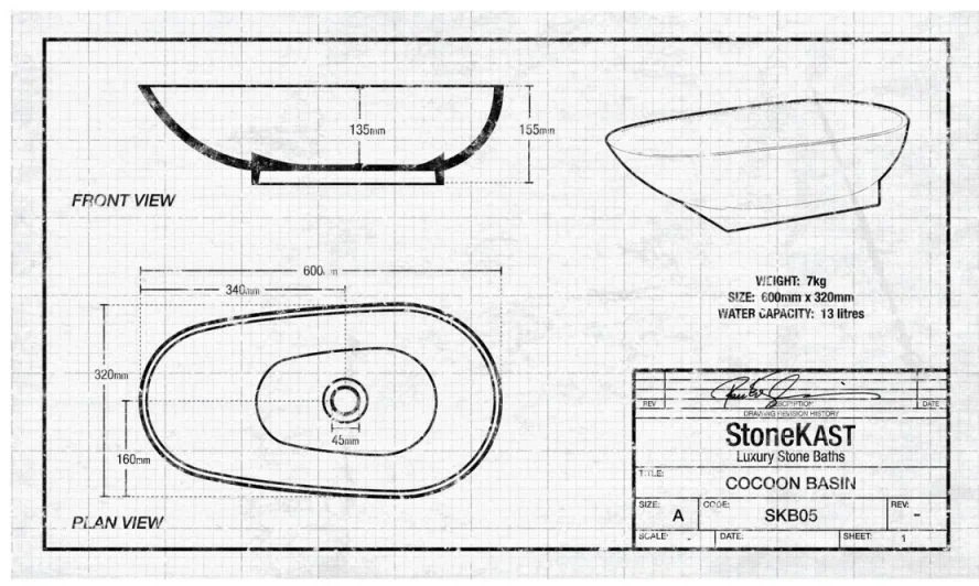 StoneKAST Cocoon Sit On Basin Matt White 600x320mm technical drawing - Image 2