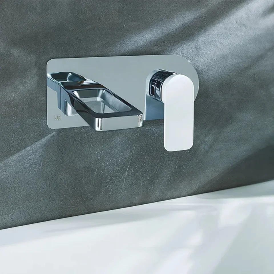 Just Taps Axel Single Lever Wall Mounted Basin Mixer Matt White Hand Chrome detail view - Image 2