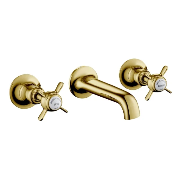 Just Taps Grosvenor Pinch 3 Hole Wall Mounted Basin Mixer With Spout Light Gold
